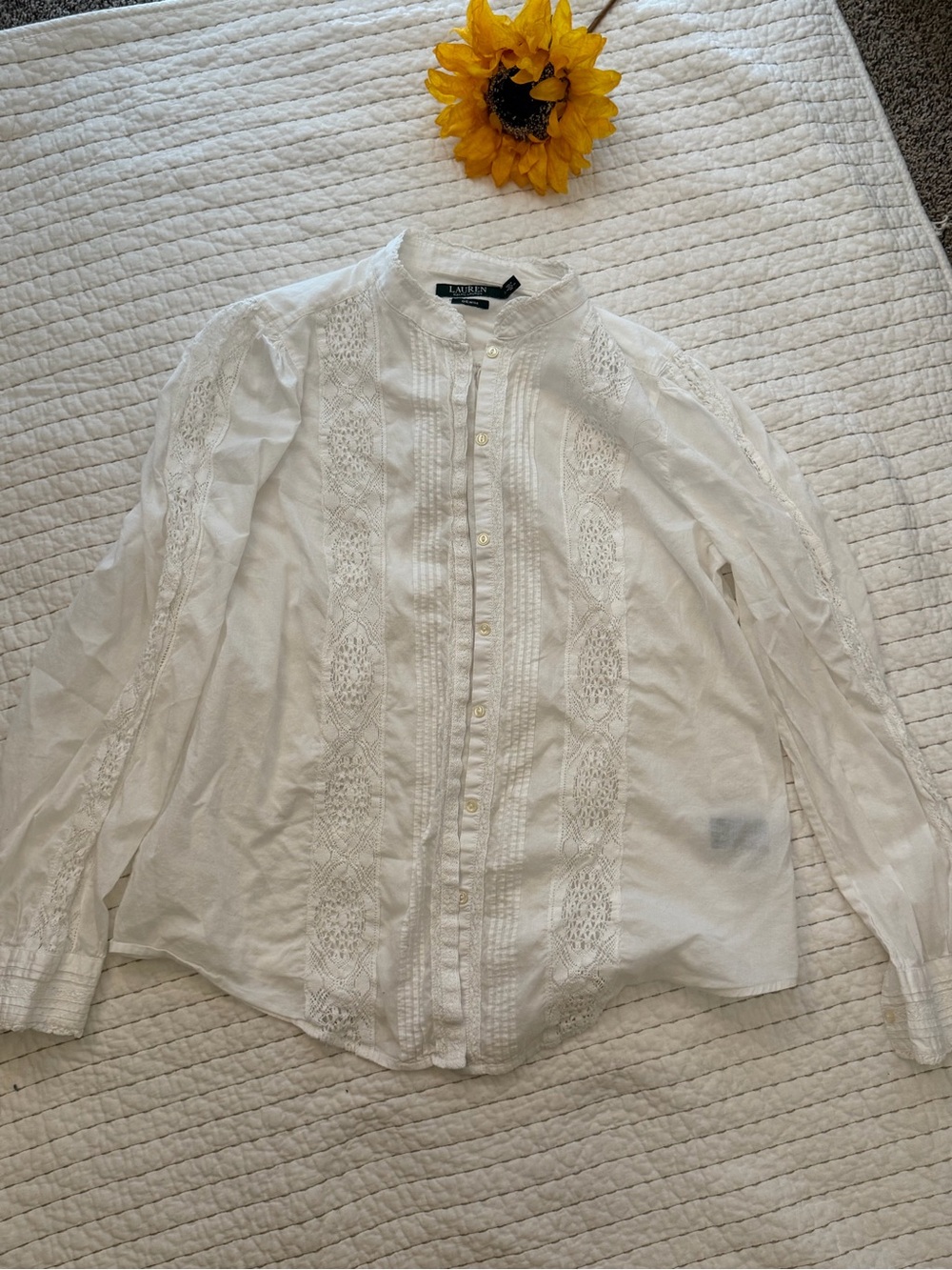 Lauren Ralph Lauren White Lace-Panel Button-Down Shirt